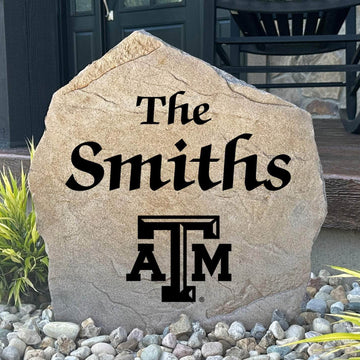 Officially licensed Texas A&M University Name Stone personalized with your family name and engraved directly into premium stone. This custom outdoor décor celebrates Aggies pride while creating a welcoming entrance to your home.