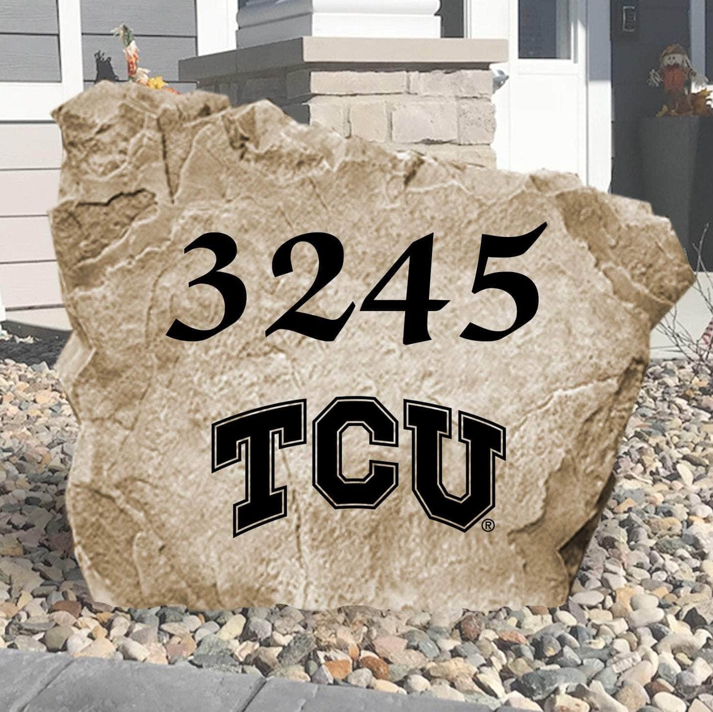 Personalized Texas Christian University address stone engraved with custom house numbers, creating a beautiful Horned Frogs-inspired entrance for your home.
