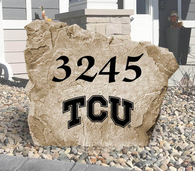 
Texas Christian University engraved address stone placed in elegant landscaping