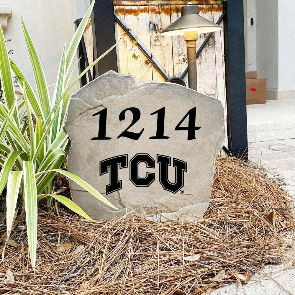 Custom Texas Christian University house number marker designed to showcase your Horned Frogs pride while enhancing front yard landscaping.