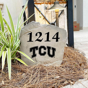 Custom Texas Christian University house number marker designed to showcase your Horned Frogs pride while enhancing front yard landscaping.