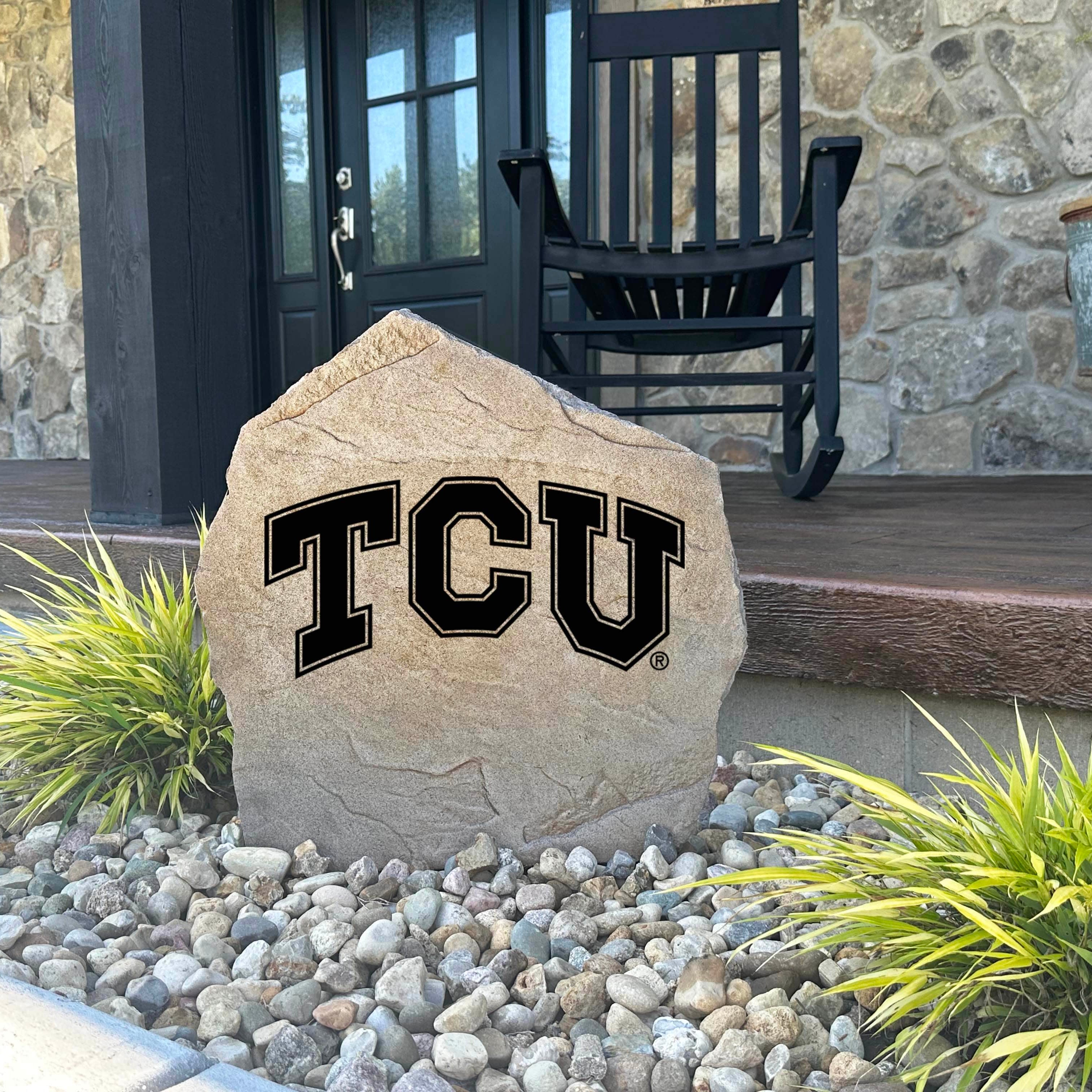 Decorative Horned Frogs landscape stone displaying the official TCU logo, creating a timeless focal point for flower beds and walkways.