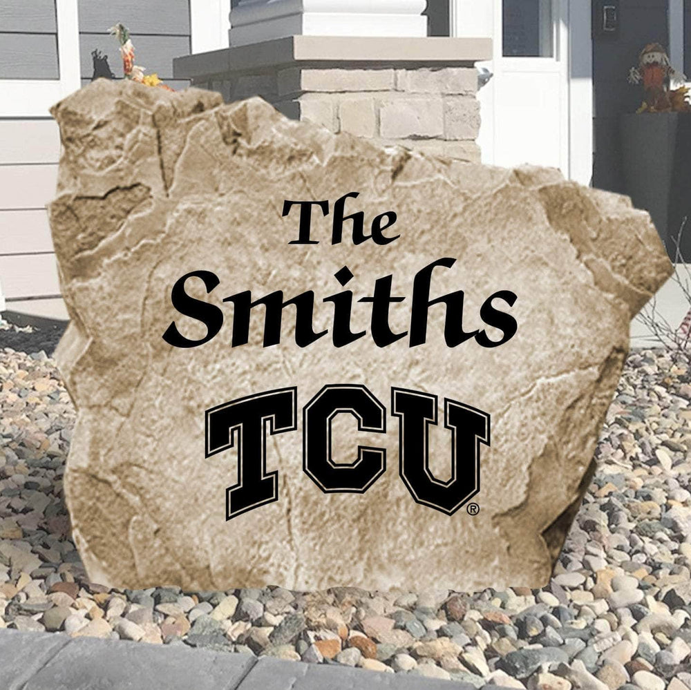Custom Texas Christian University family name stone engraved with your surname, creating a refined Horned Frogs-inspired landscape feature.