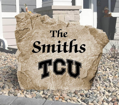 Texas Christian University personalized name stone in landscaped garden