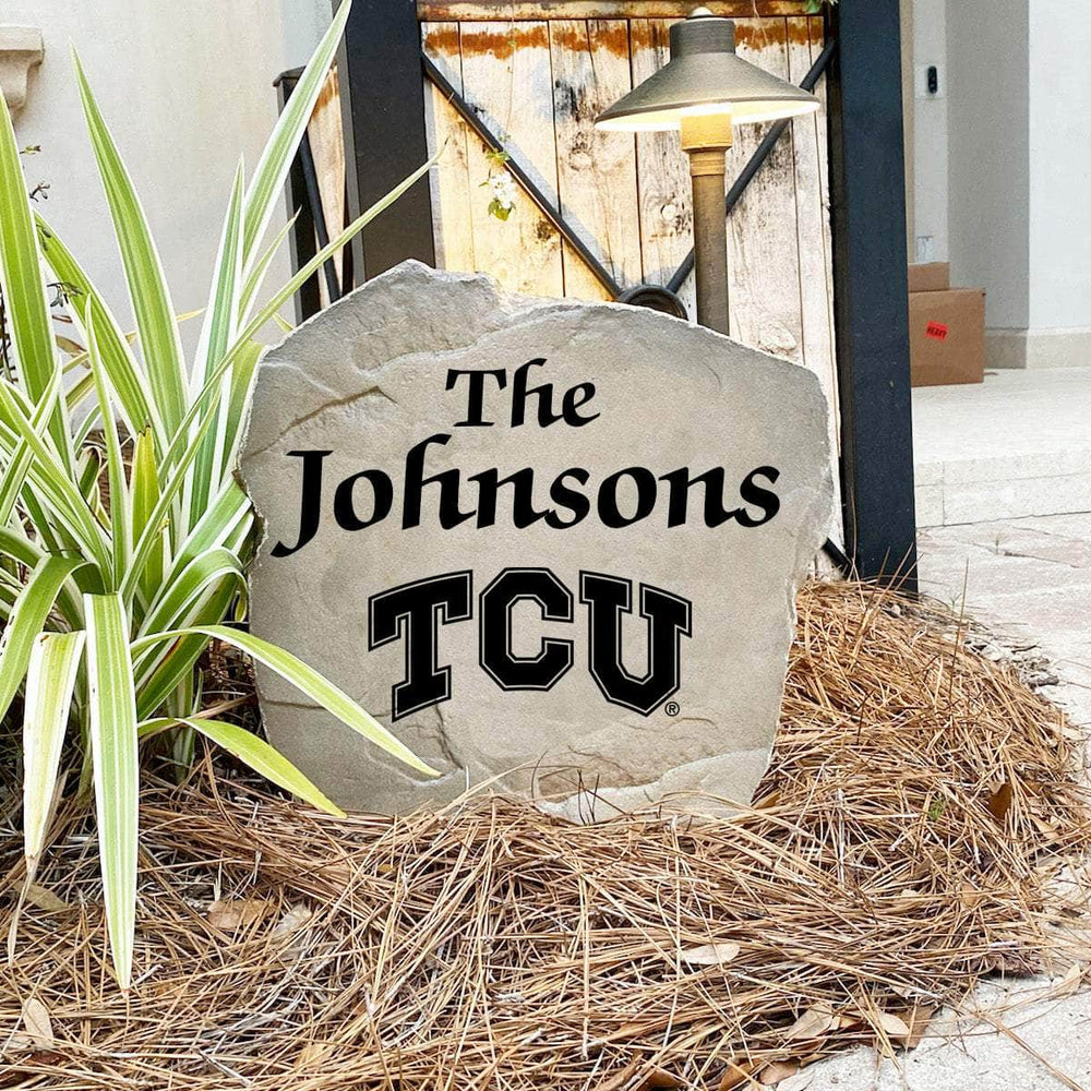 Texas Christian University custom last name marker designed to bring collegiate elegance to gardens, patios, front walkways, and entry landscapes.