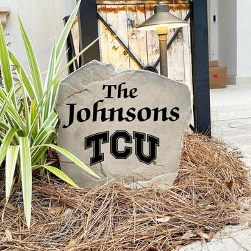Texas Christian University custom last name marker designed to bring collegiate elegance to gardens, patios, front walkways, and entry landscapes.