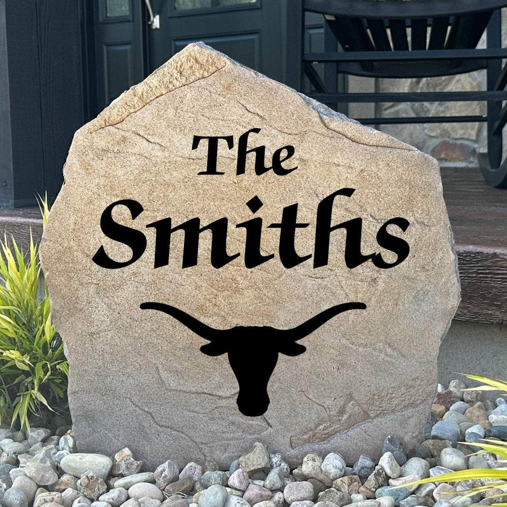 Personalized Texas Longhorns Name Stone engraved with your family surname, creating a bold collegiate centerpiece for your home's landscape.