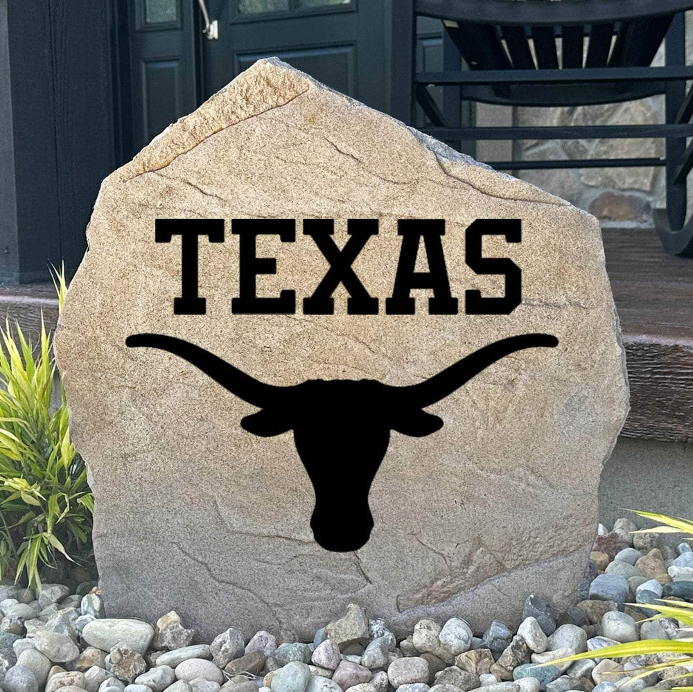 Officially licensed Texas Longhorns logo stone featuring the iconic Longhorn emblem as a bold centerpiece for gardens, patios, and outdoor landscapes.