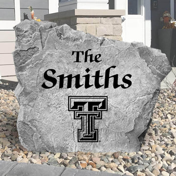Custom Texas Tech Red Raiders Name Stone featuring the official university logo and your personalized family name. A beautiful landscape accent for gardens, patios, front entryways, and flower beds.