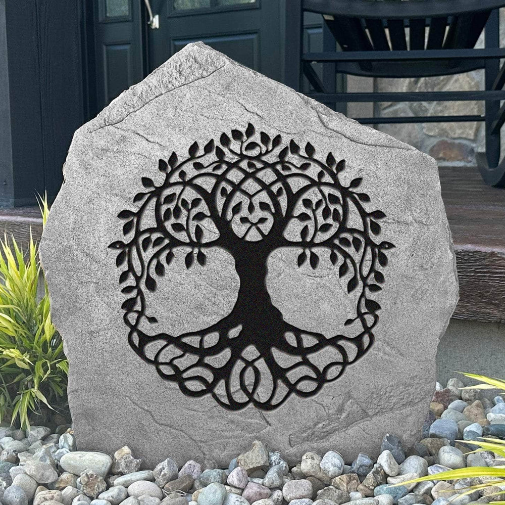 Tree of Life engraved stone showcasing a timeless symbol of strength, growth, and family as a beautiful addition to gardens and landscapes.