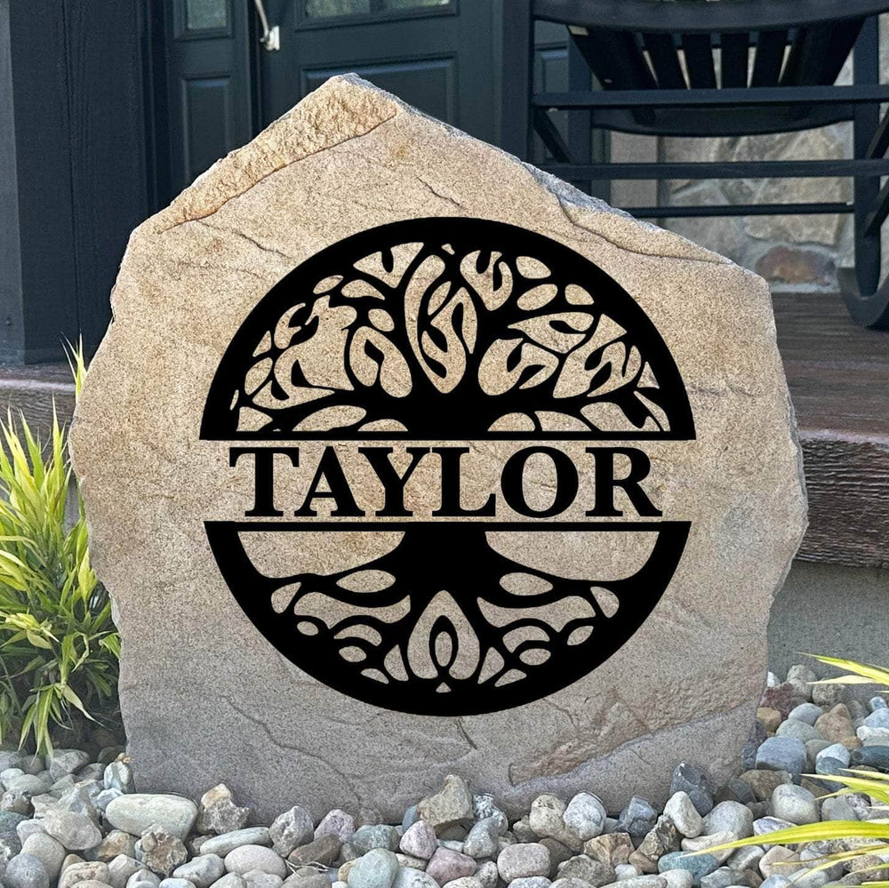 Personalized Tree of Life Monogram Stone engraved with your family initial, creating a meaningful centerpiece for gardens, patios, and front entrances.