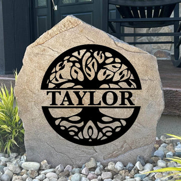 Personalized Tree of Life Monogram Stone engraved with your family initial, creating a meaningful centerpiece for gardens, patios, and front entrances.