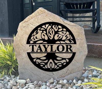 Tree of Life monogram stone engraved with family initial for outdoor décor