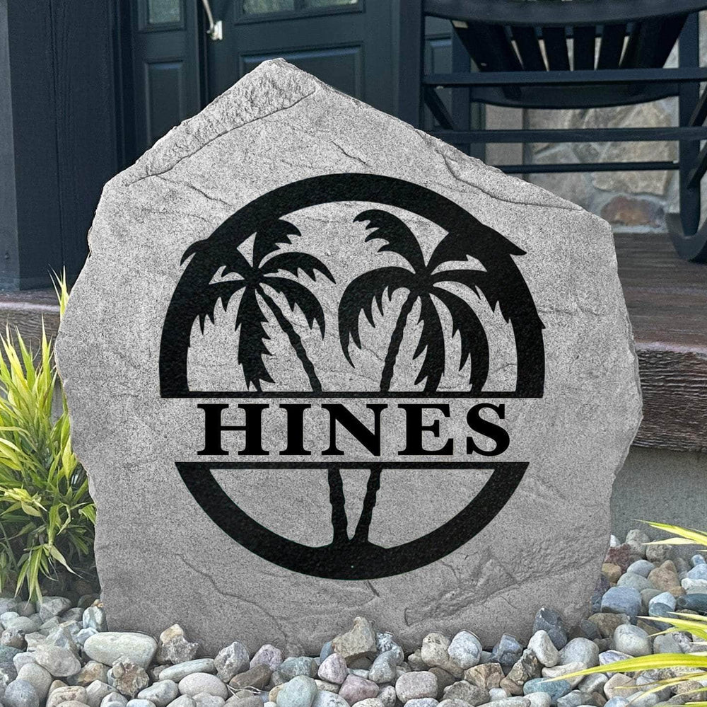 Custom palm tree monogram garden plaque crafted from durable concrete, creating a beautiful coastal accent for patios, walkways, and flower beds.
