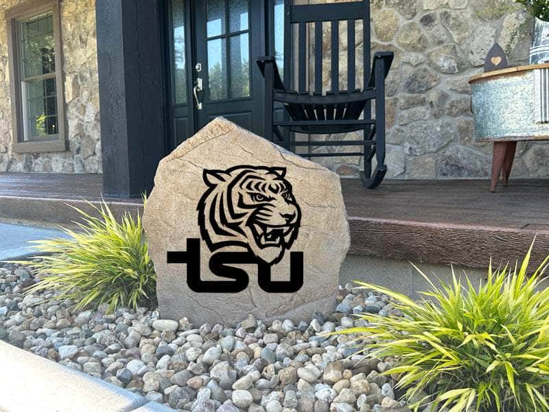 Decorative TSU Tigers logo marker stone for yard or garden.
