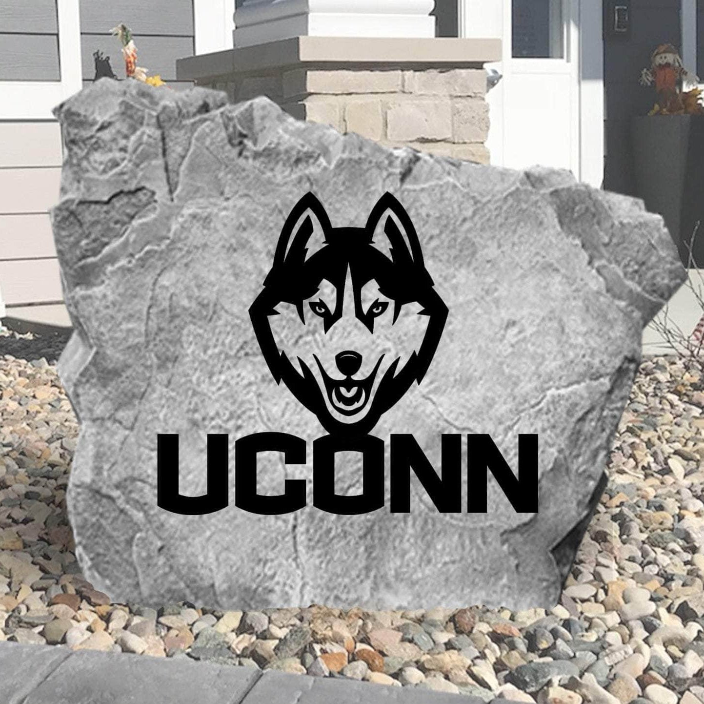 UConn Huskies concrete logo plaque crafted from durable concrete, showcasing school pride with timeless outdoor style and exceptional craftsmanship.