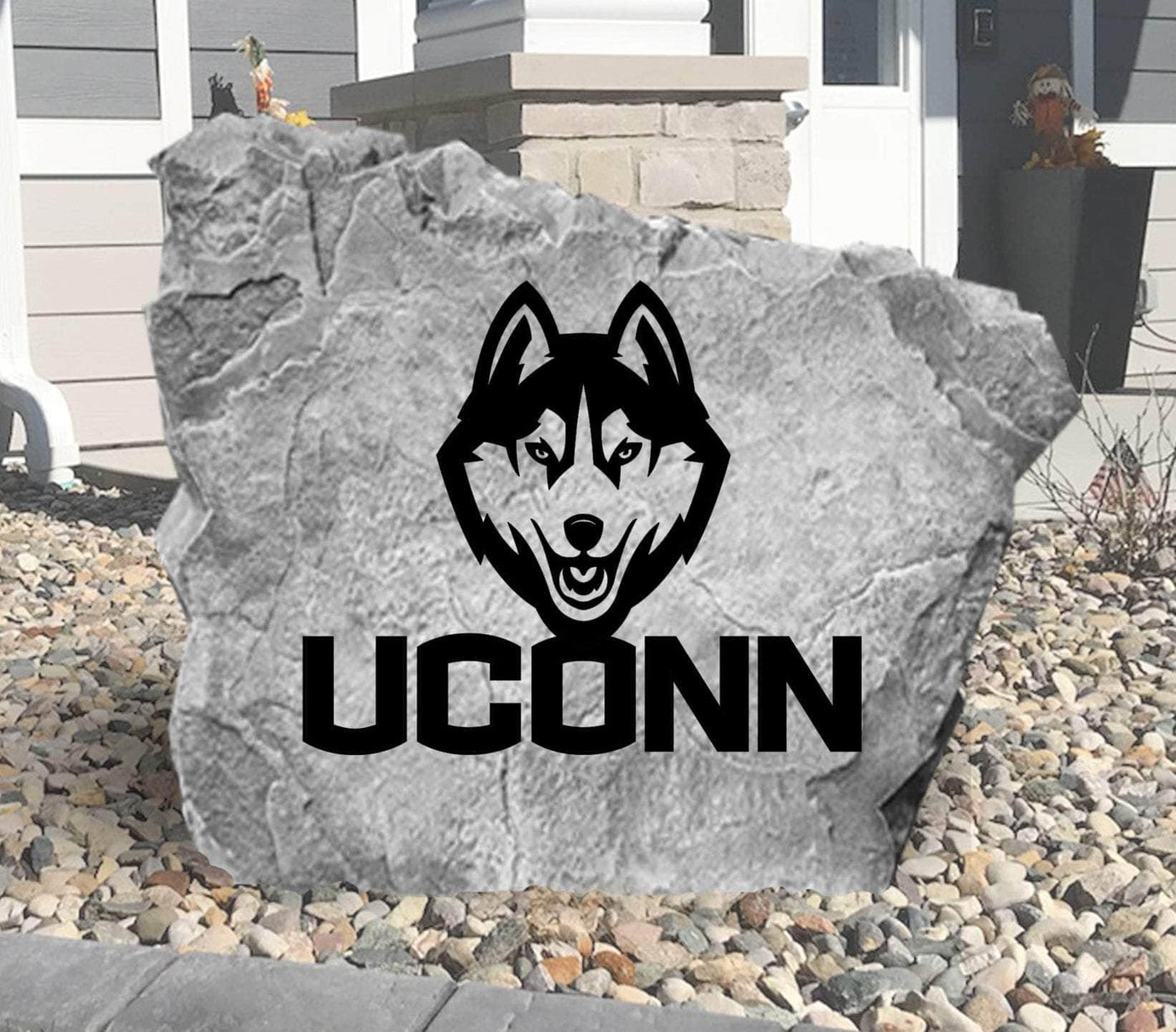 UConn Huskies logo rock for yard, garden, or driveway entrance.