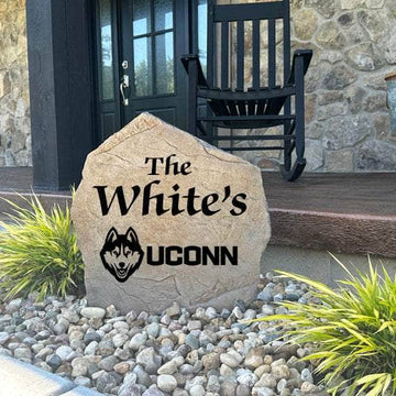 Weather-resistant UConn landscape name stone personalized with your family name, making a lasting outdoor accent for alumni, graduates, and loyal Huskies supporters.