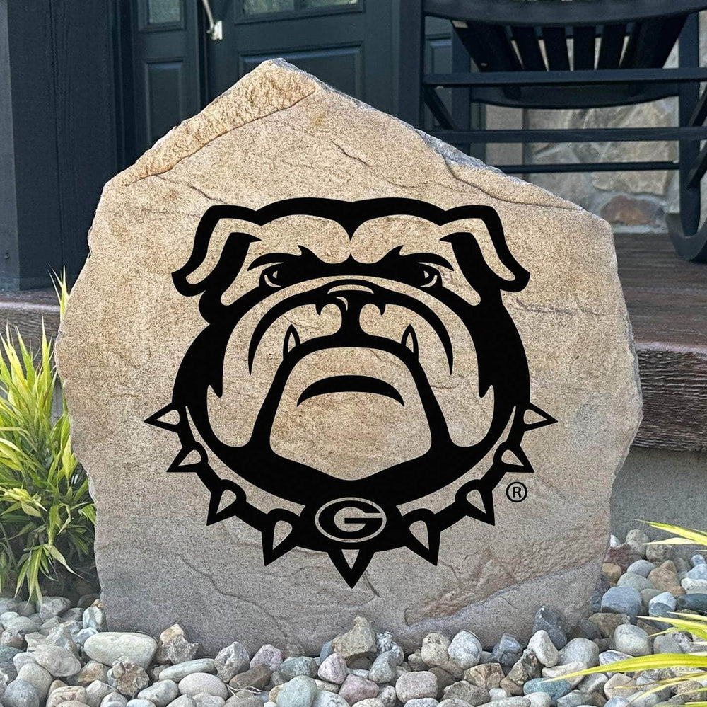 Officially licensed University of Georgia Bulldog Stone featuring the iconic Georgia Bulldogs mascot engraved directly into the stone surface. This decorative garden stone brings school spirit and curb appeal to front yards, patios, gardens, and entryways.