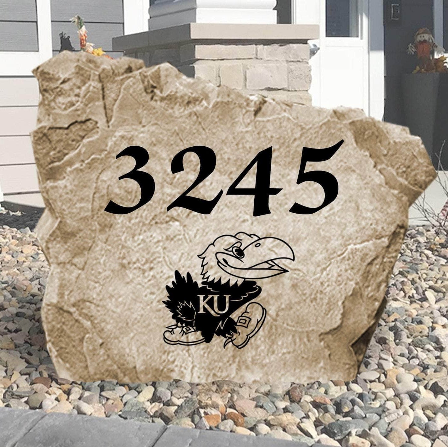 Officially licensed University of Kansas Address Stone personalized with your house numbers and engraved directly into durable stone. This custom address marker showcases Jayhawks pride while adding lasting curb appeal to your home.
