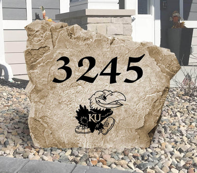 Outdoor address stone featuring University of Kansas Jayhawks logo