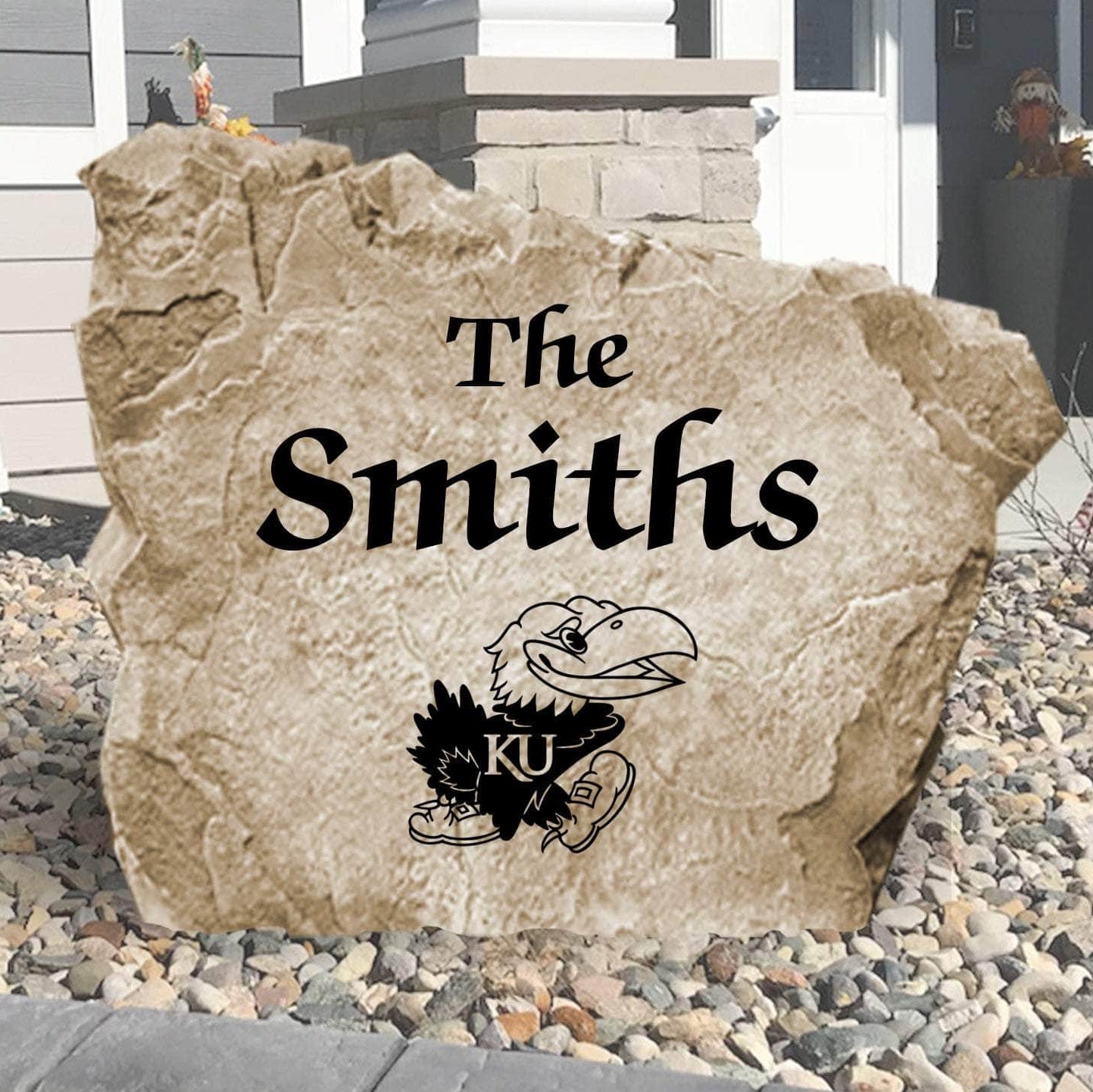 Officially licensed University of Kansas Name Stone personalized with your family name and engraved directly into premium stone. This custom outdoor décor celebrates Jayhawks pride while creating a welcoming entrance to your home.