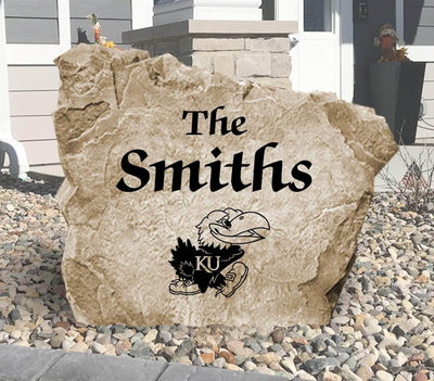 Custom family name stone featuring University of Kansas Jayhawks logo
