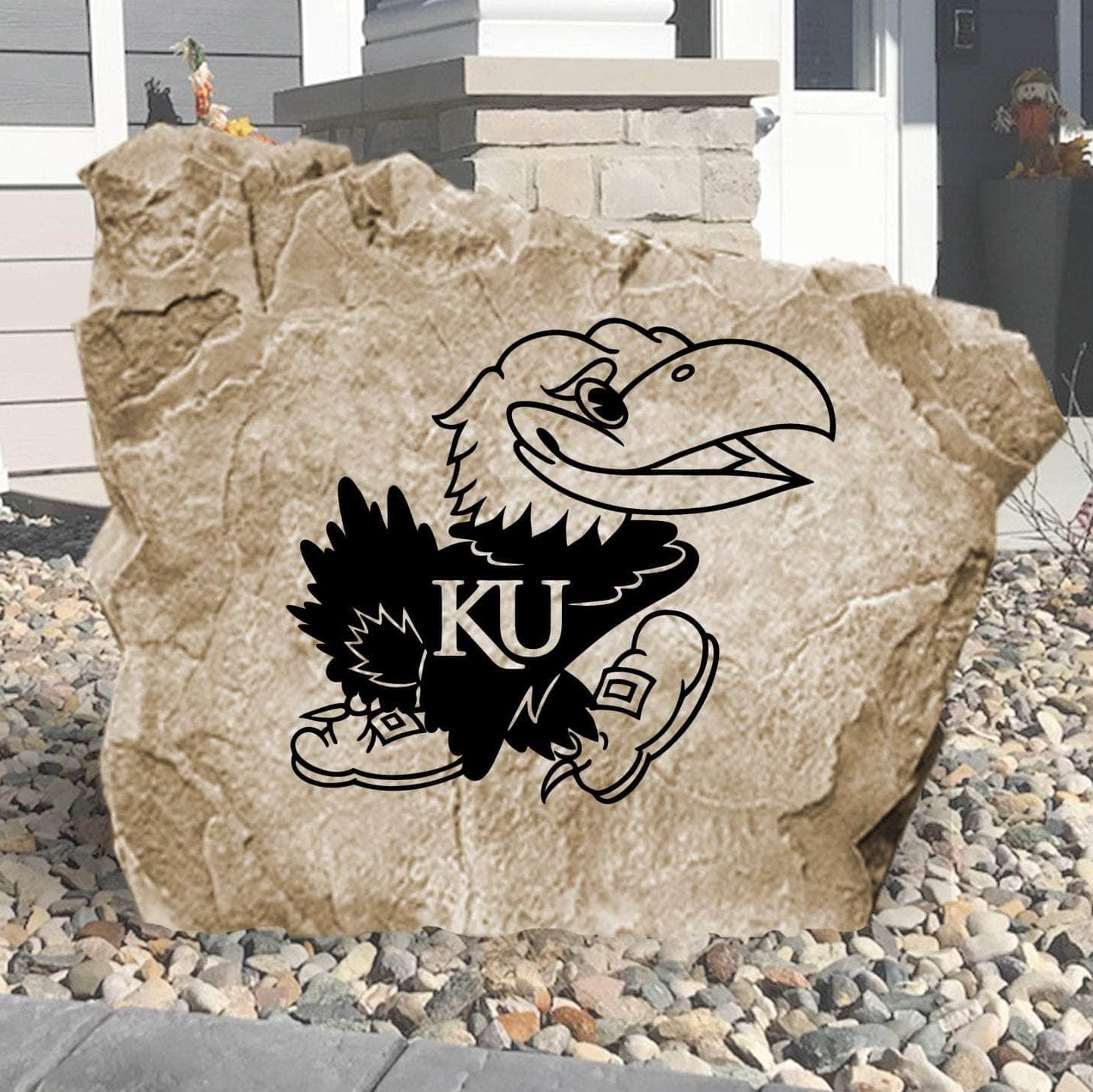 Officially licensed University of Kansas Logo Stone featuring the iconic Jayhawks logo engraved into premium stone. This decorative landscape stone brings Kansas school spirit to gardens, patios, walkways, and front entrances.