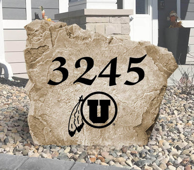 University of Utah address stone engraved with Utes logo and house number.