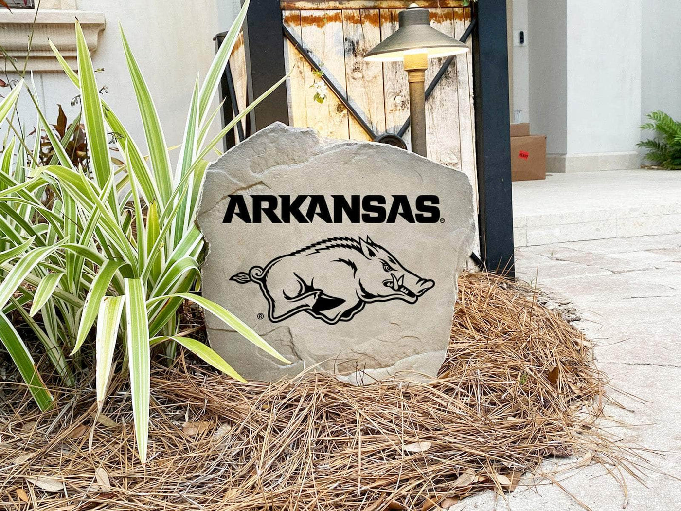Custom University of Arkansas logo stone for front yard or garden.