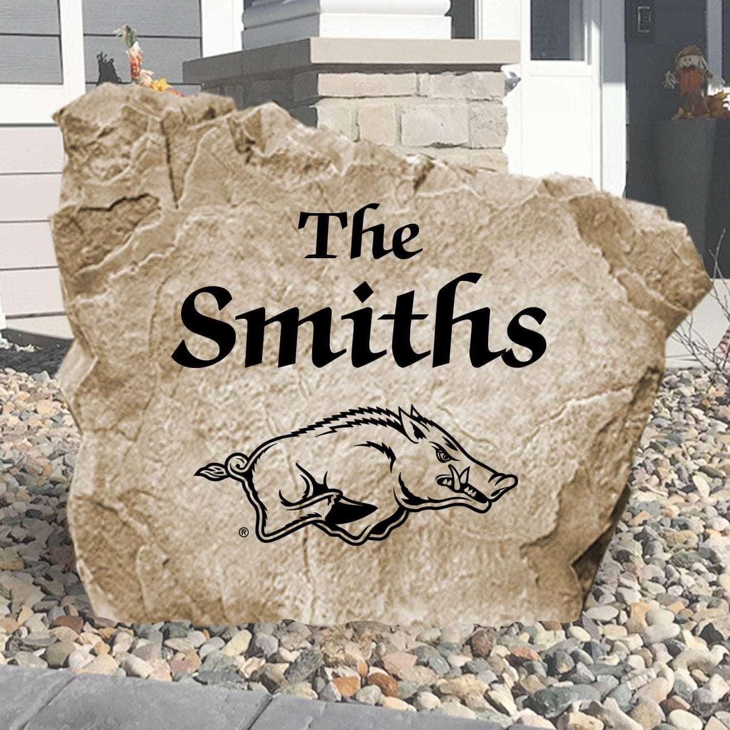 Custom University of Arkansas family name stone engraved with your surname, creating a distinctive Razorbacks-inspired landscape feature for your home.
