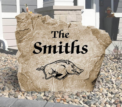 University of Arkansas Razorbacks name stone with engraved lettering.