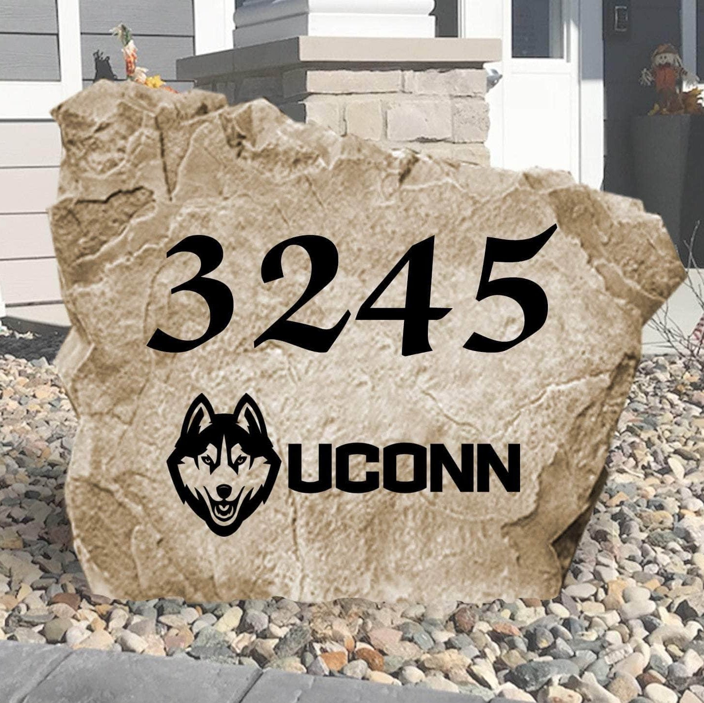 Personalized University of Connecticut Address Stone engraved with custom house numbers, creating a welcoming Huskies-inspired entrance for your home.