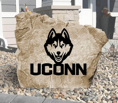 University of Connecticut logo stone engraved for outdoor landscaping.