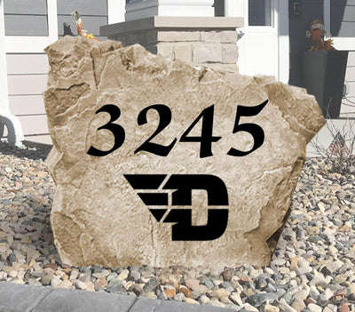 University of Dayton engraved address stone for outdoor landscaping.