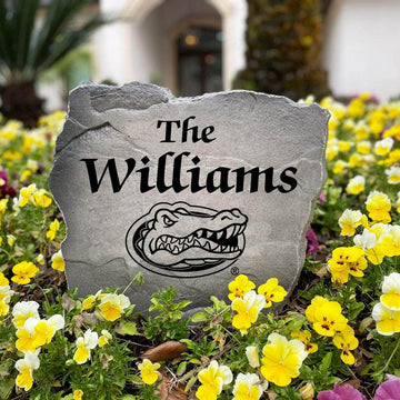 University of Florida custom rock featuring engraved surname and Gators logo.