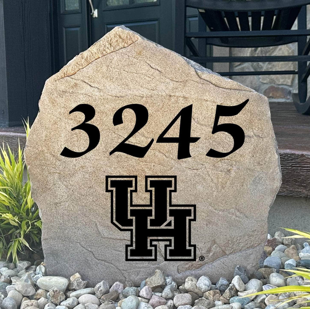 Officially licensed University of Houston Address Stone featuring custom house numbers and the Houston Cougars logo engraved directly into the stone surface. This personalized address marker adds school pride and curb appeal to front yards, gardens, driveways, and entryways.