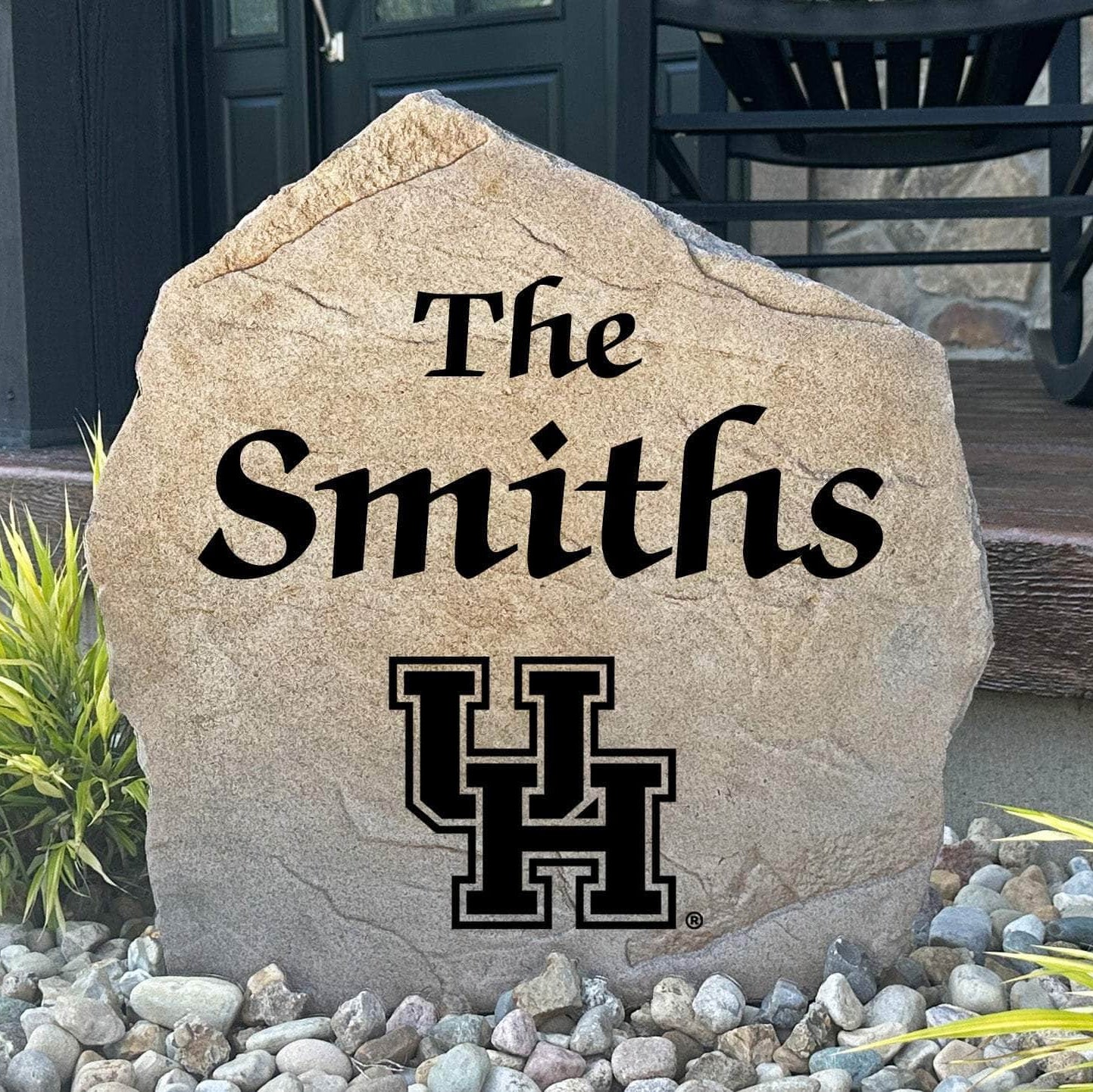 Officially licensed University of Houston Name Stone featuring a personalized family name and the Houston Cougars logo engraved directly into the stone surface. This custom garden stone adds school pride and curb appeal to front yards, patios, gardens, and entryways.
