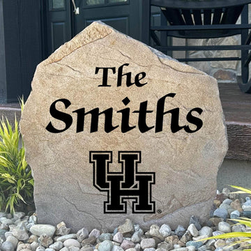 Officially licensed University of Houston Name Stone featuring a personalized family name and the Houston Cougars logo engraved directly into the stone surface. This custom garden stone adds school pride and curb appeal to front yards, patios, gardens, and entryways.