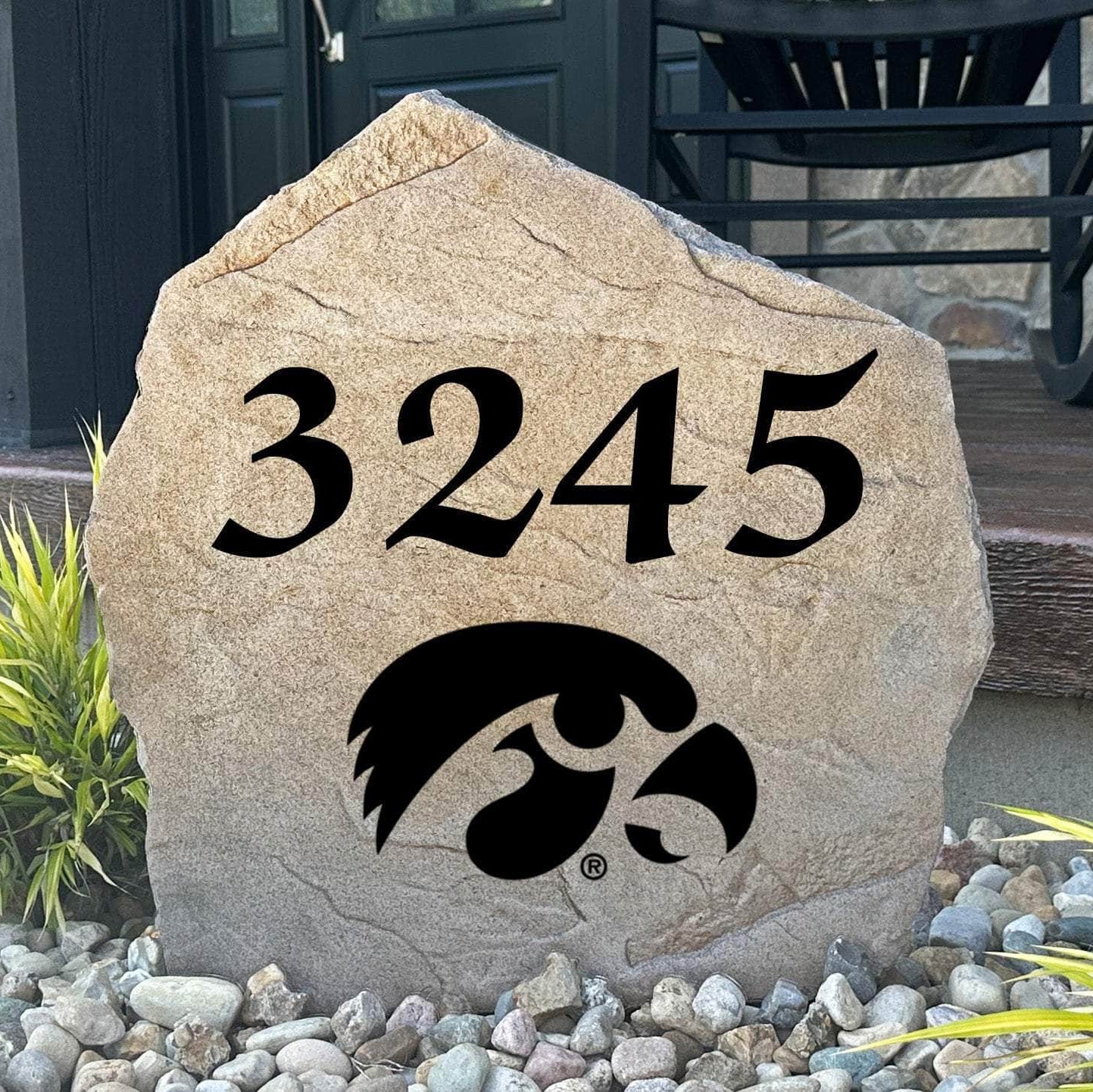 Officially licensed University of Iowa Address Stone personalized with your house numbers and engraved directly into durable stone. This custom address marker showcases Hawkeyes pride while adding lasting curb appeal to your home.