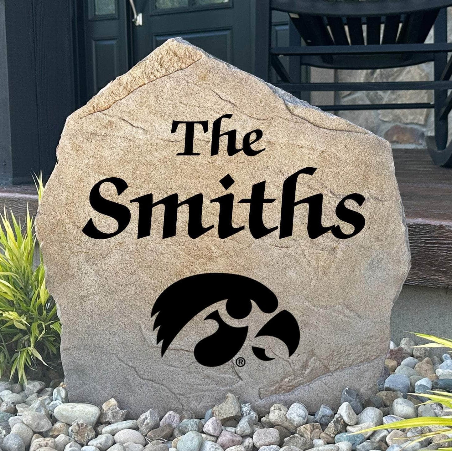 Officially licensed University of Iowa Name Stone personalized with your family name and engraved directly into durable stone. This custom landscape accent showcases Hawkeyes pride while creating a warm welcome for family and friends.