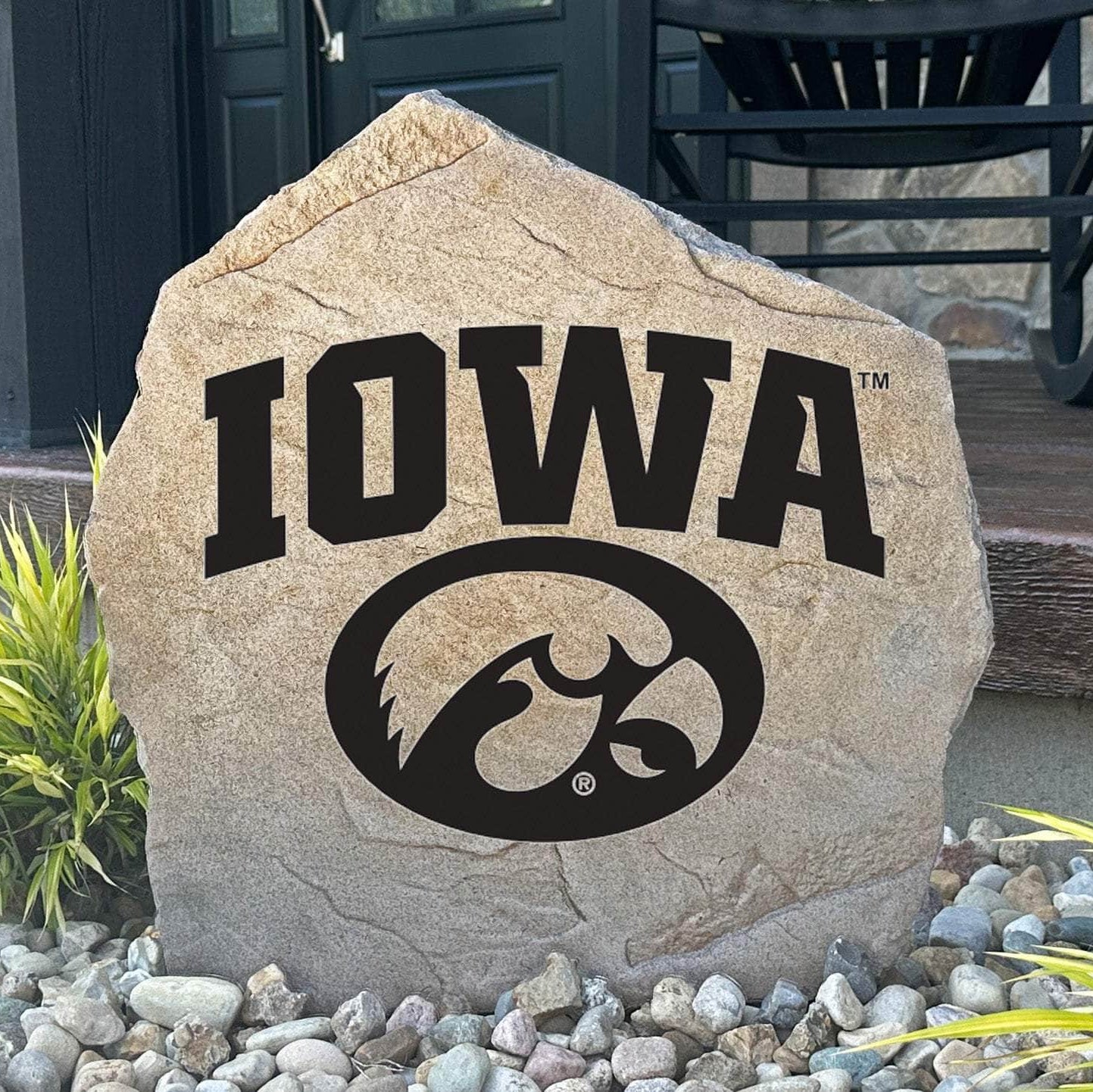 University of Iowa stone featuring Hawkeyes logo
