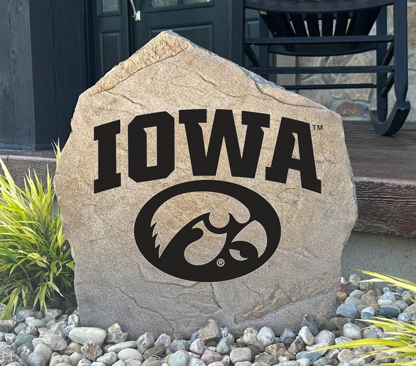 University of Iowa stone featuring Hawkeyes logo