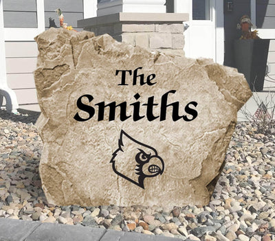 Engraved family name stone featuring University of Louisville Cardinals logo