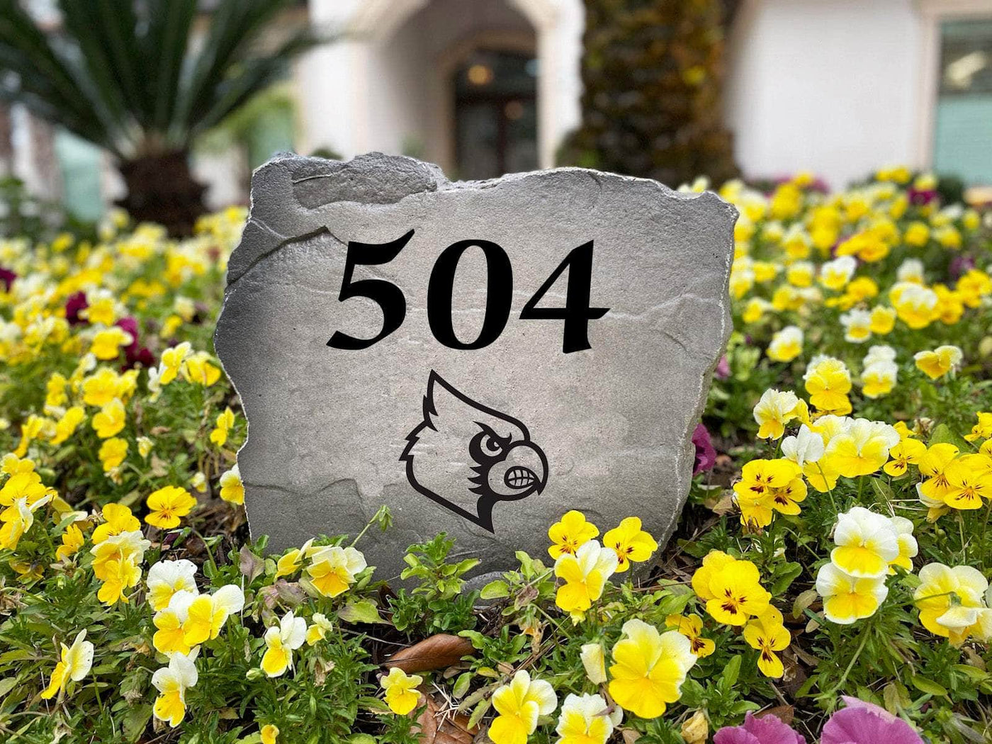 Decorative engraved rock with Louisville Cardinals team logo and address