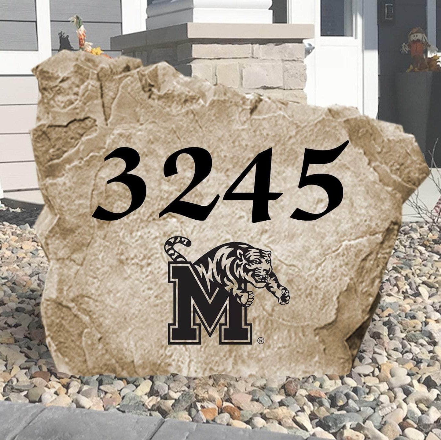 Personalized Memphis Tigers address stone engraved with custom house numbers, creating a bold collegiate welcome at your home's entrance.