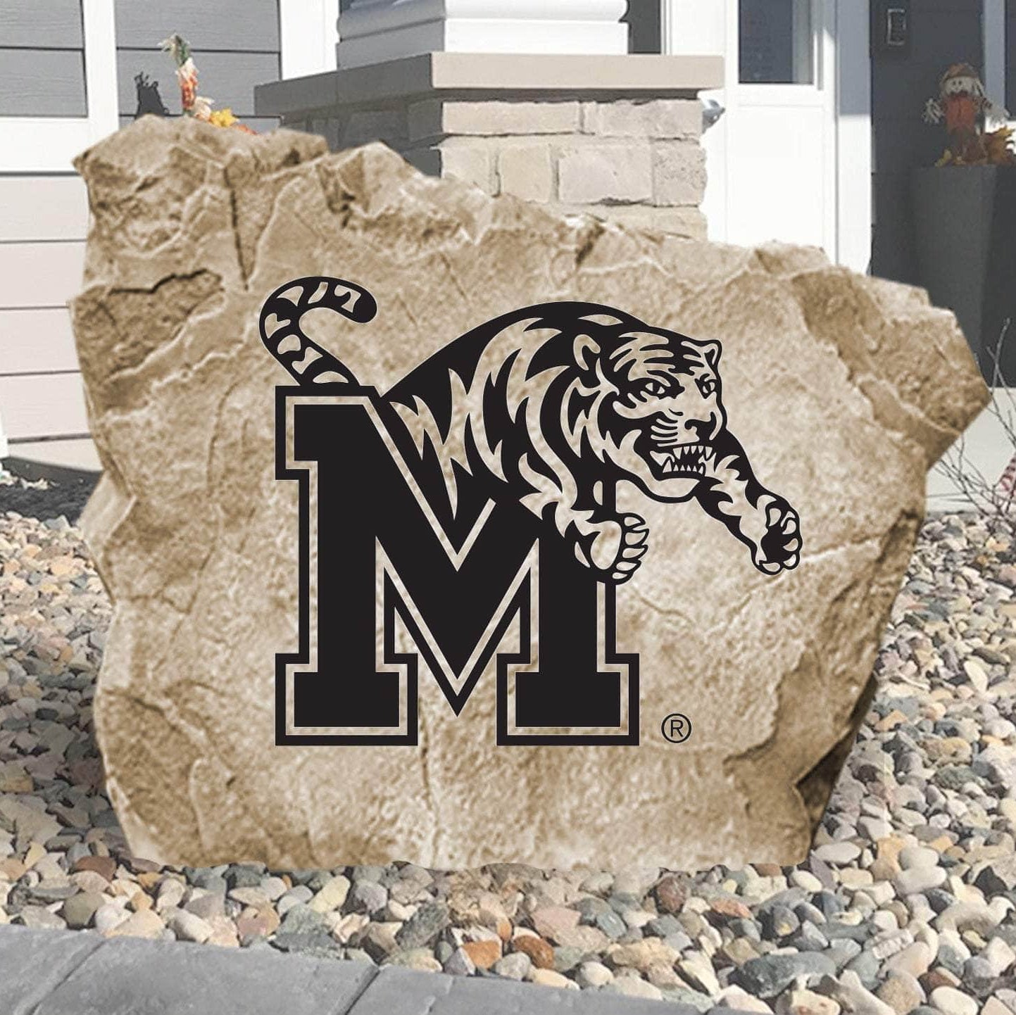 Officially licensed University of Memphis logo stone featuring the iconic Tigers emblem as a bold focal point for outdoor landscaping and garden décor.