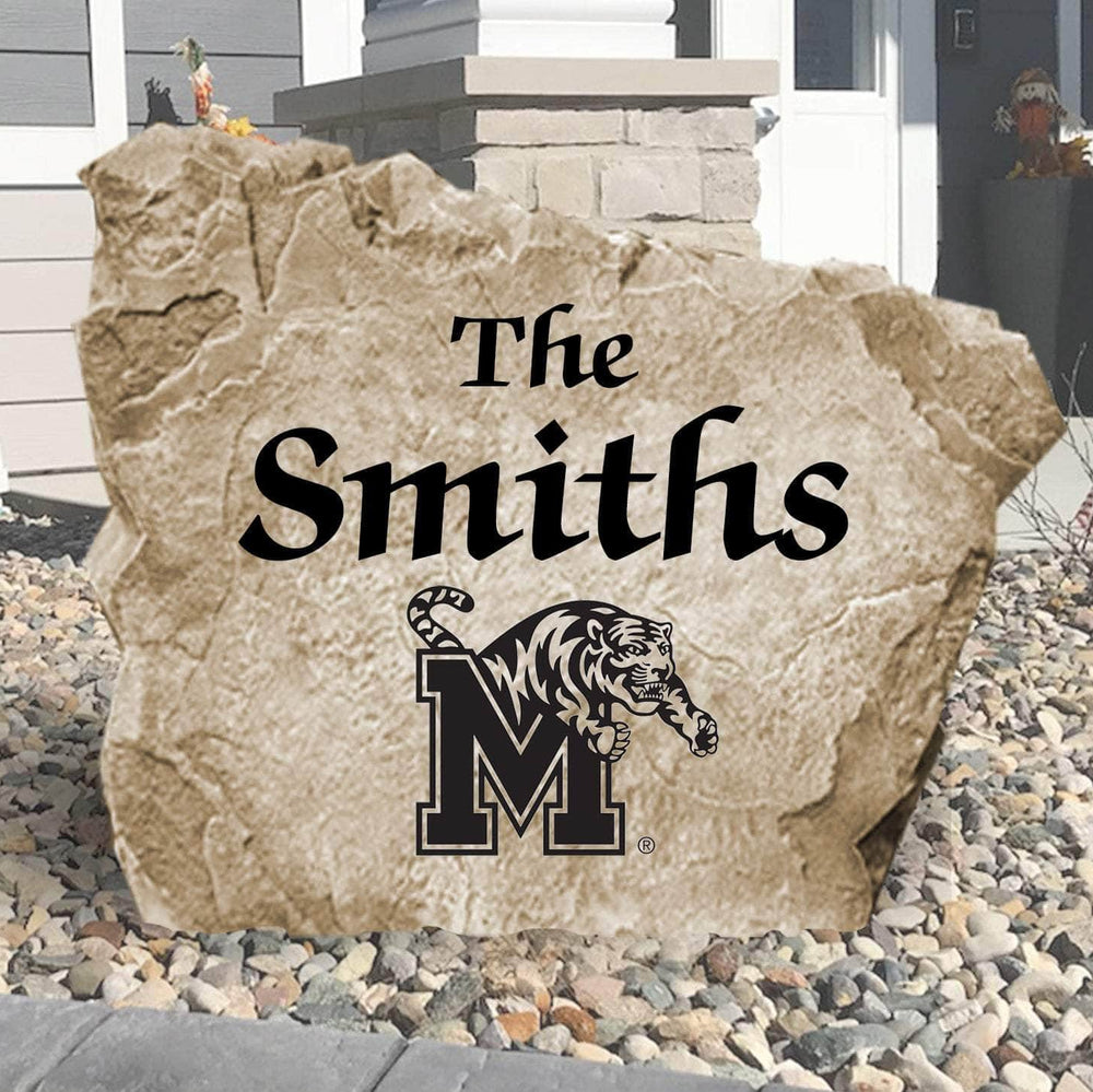 Personalized University of Memphis family name stone engraved with your surname, creating a distinguished Tigers-inspired feature for your outdoor landscape.