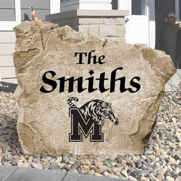 Personalized University of Memphis family name stone engraved with your surname, creating a distinguished Tigers-inspired feature for your outdoor landscape.