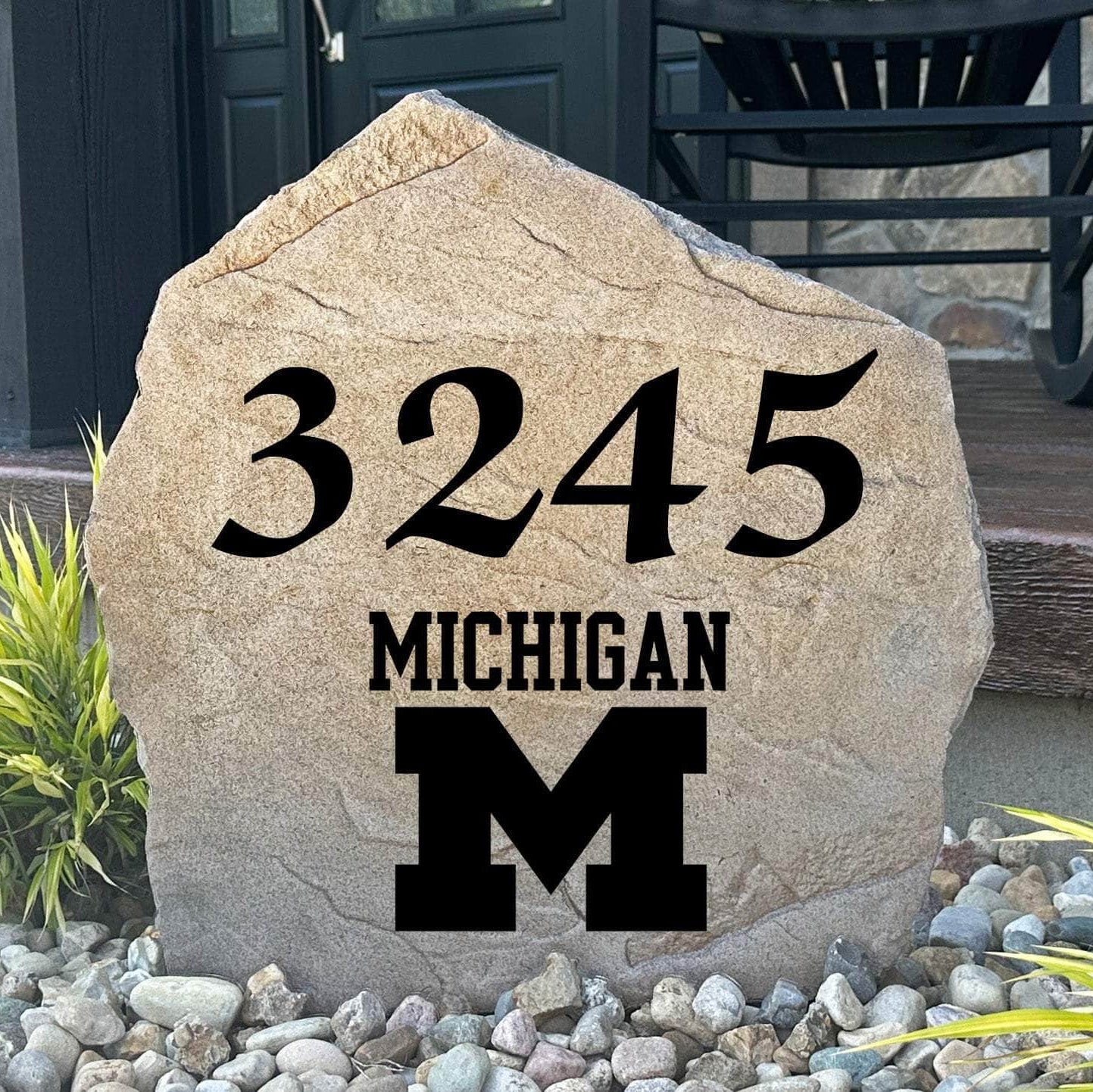 Officially licensed University of Michigan Address Stone featuring custom house numbers and the iconic Michigan Wolverines logo engraved directly into the stone surface. This personalized address marker adds school pride and curb appeal to front yards, gardens, driveways, and entryways.